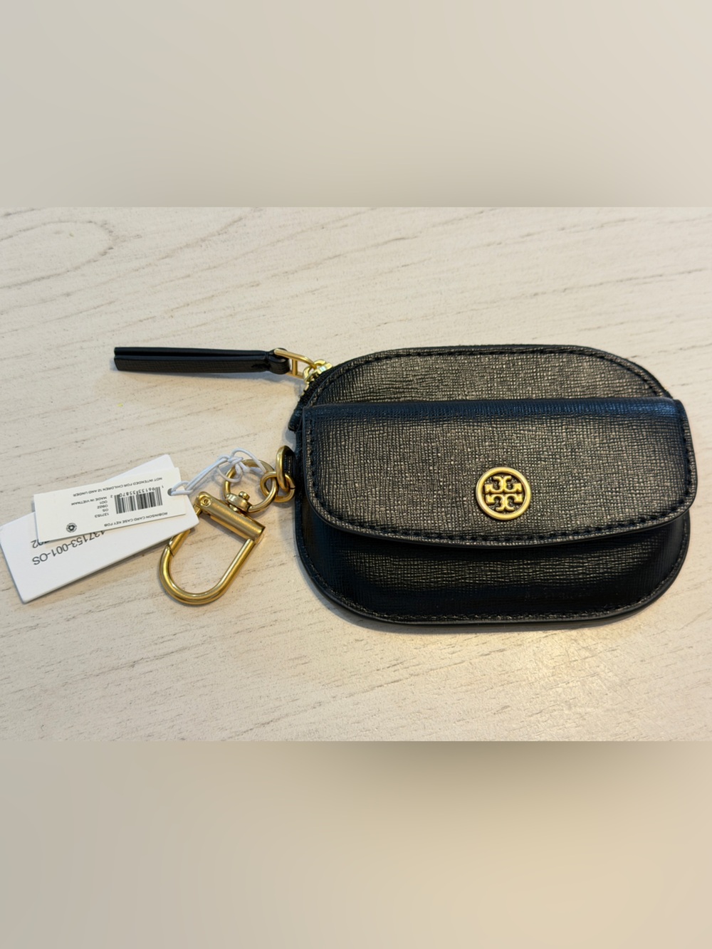 Tory Burch Black Leather Key Pouch with Gold Hardware Clip